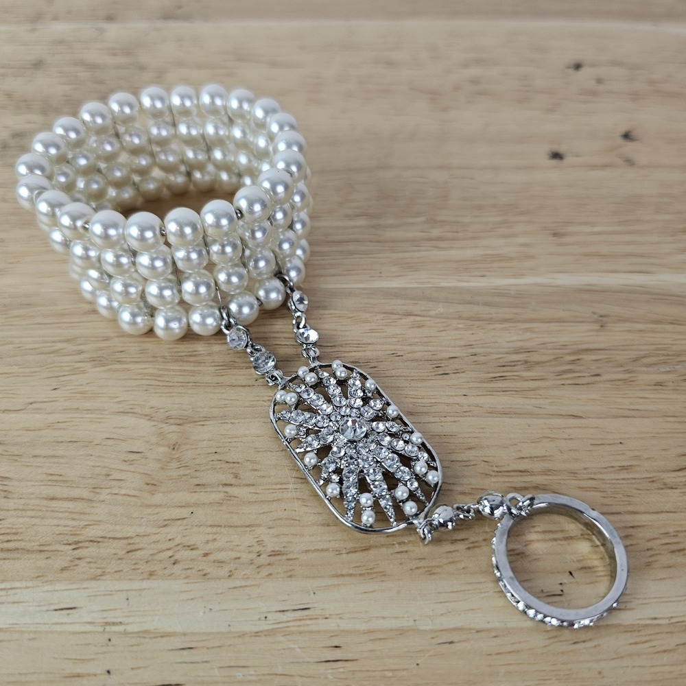 Faux Pearl Bracelet‎ Women's Ring Attached Rhinestone Gatsby Glam One Size